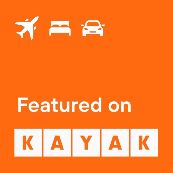 Orange promotional badge with white travel icons (airplane, bed, car) and the text 'Featured on KAYAK' in square letter tiles.",